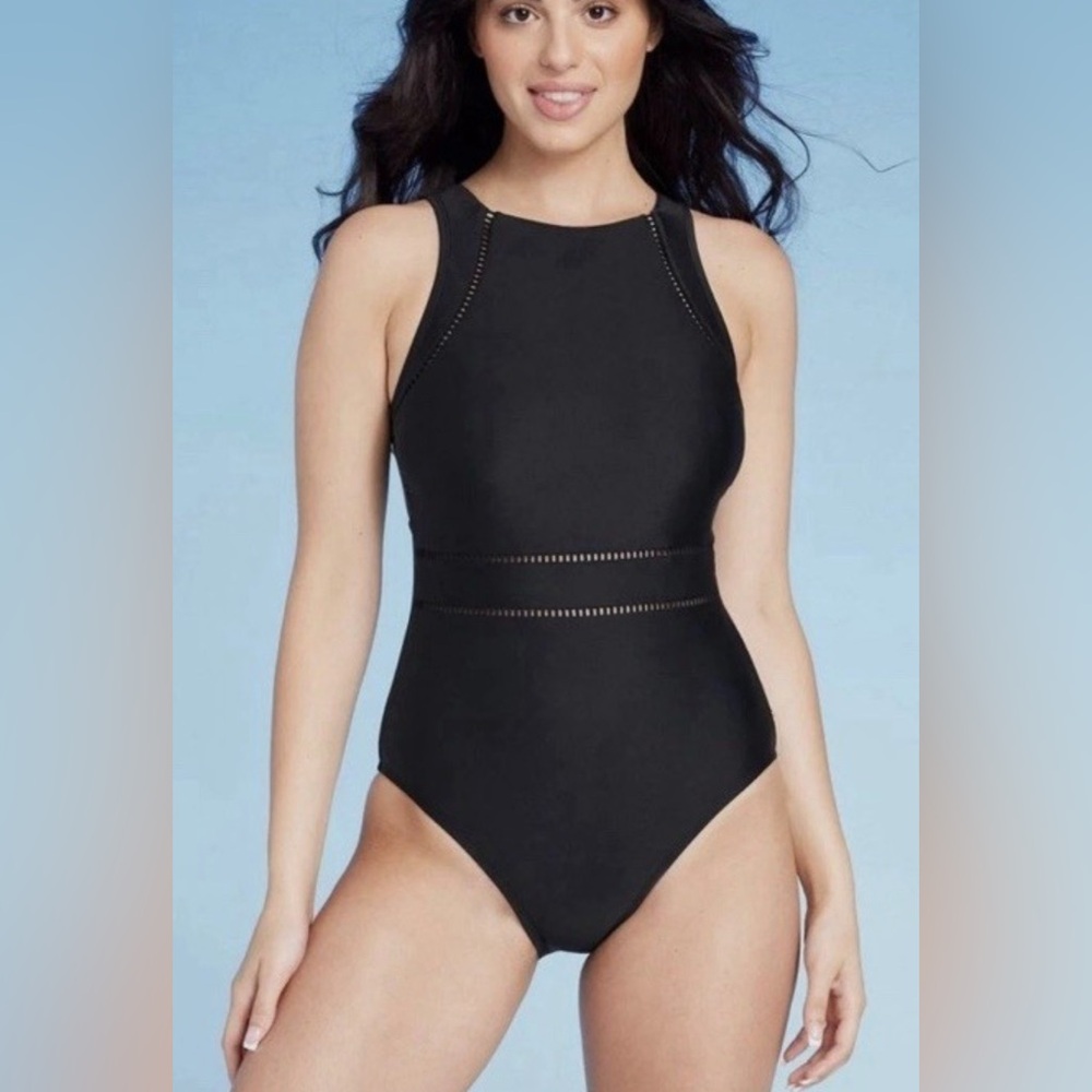 High Neck Medium Coverage One Piece Swimsuit - Shade & Shore - Black - new
